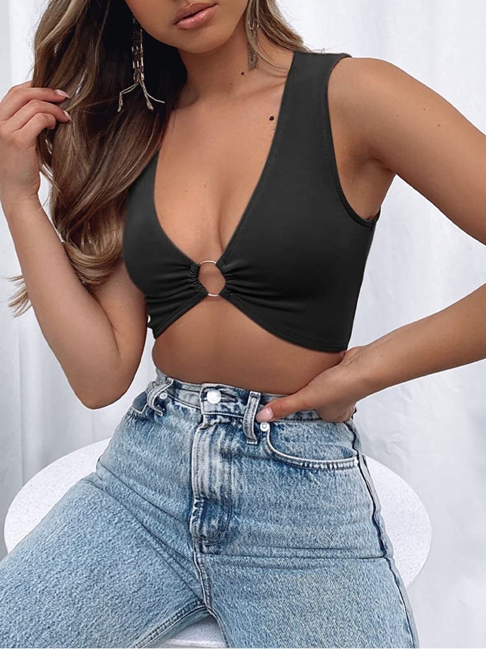 White Fox Boutique Black Ring-Detail Sleeveless Crop Top